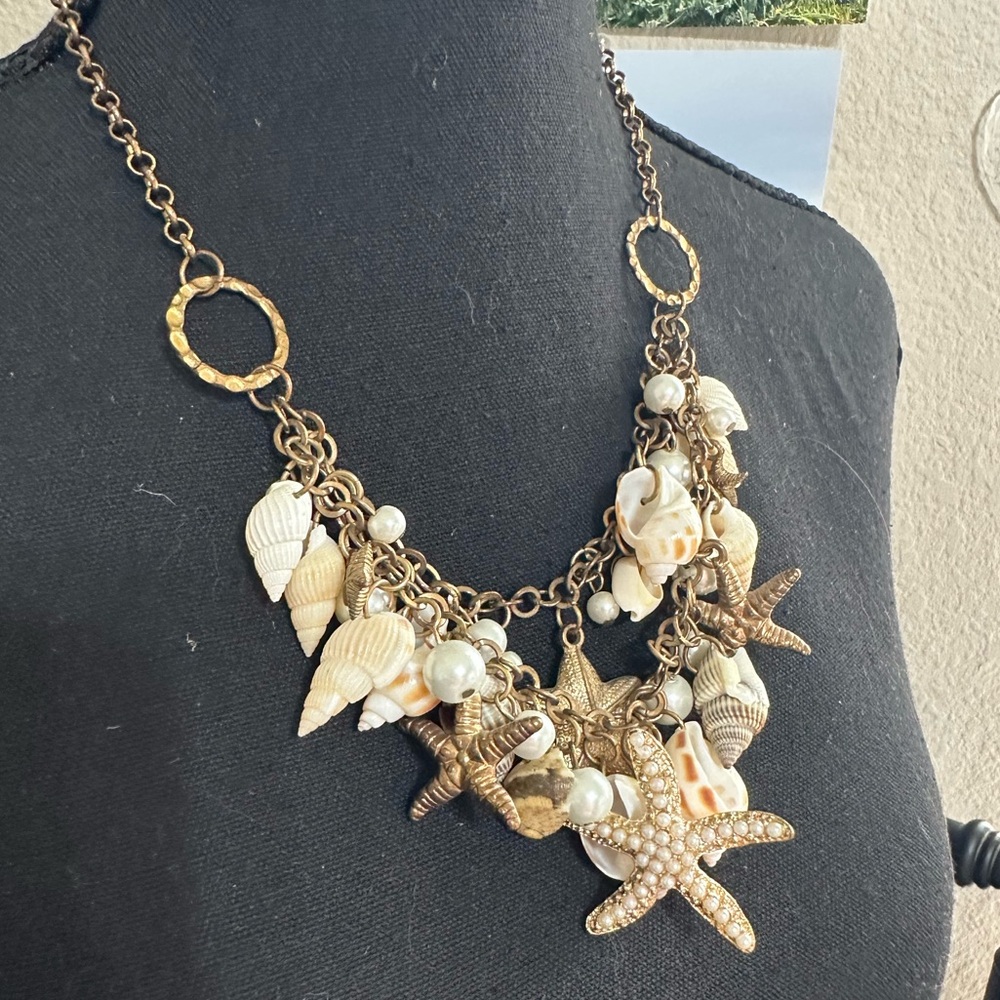 Seashell & Starfish Statement Necklace - Gold Tone with Cream Shells